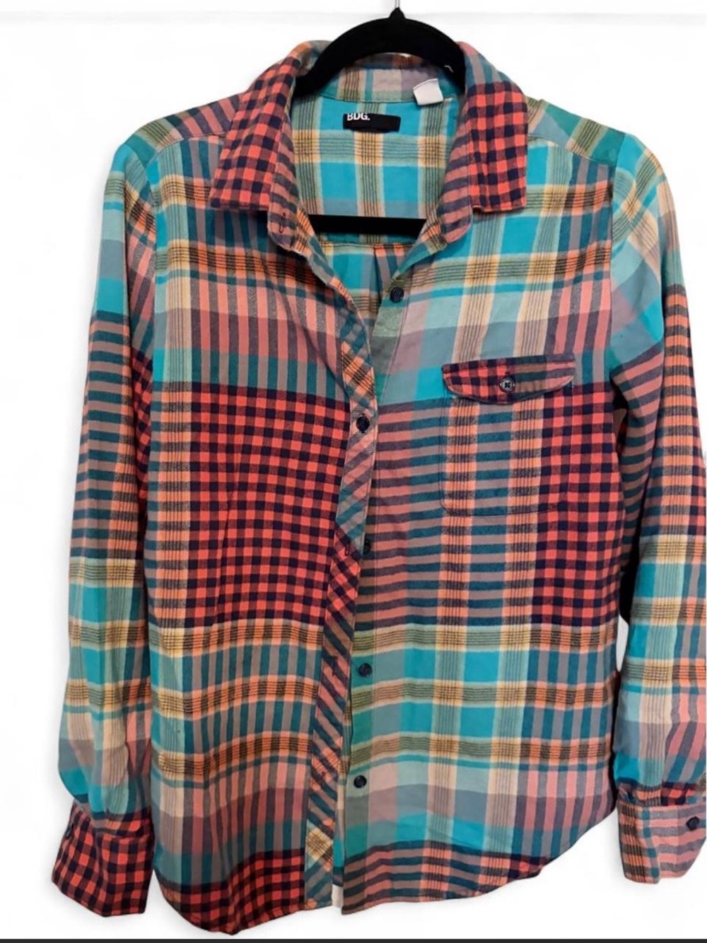 BDG Plaid Button-Down Shirt in Teal, Coral & Yellow